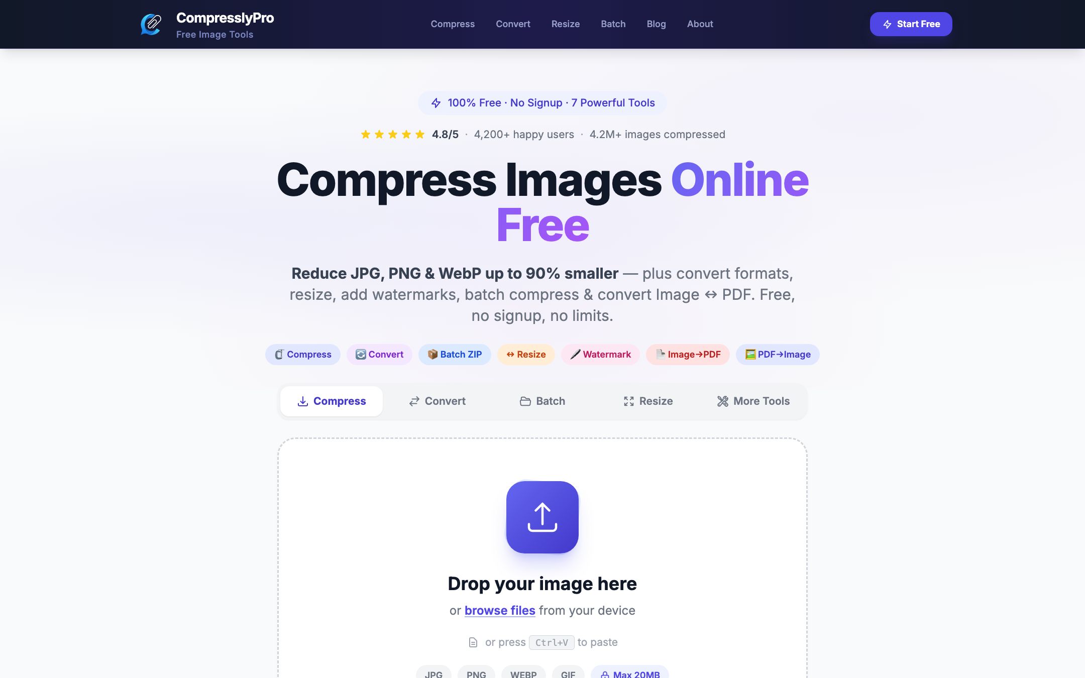 Compressly Pro homepage with an image drop zone and tabs for compress, convert, batch and resize