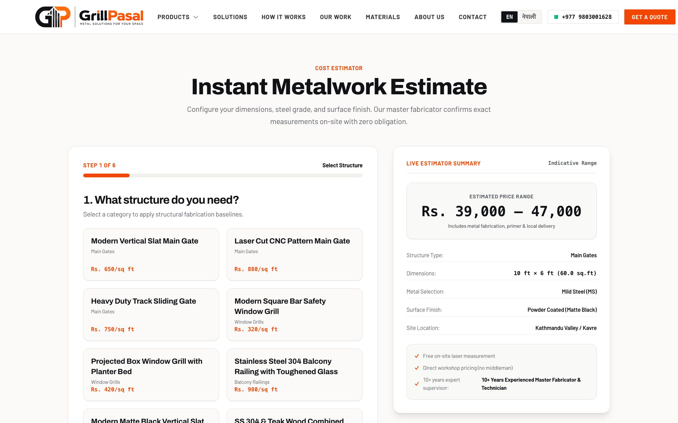 GrillPasal instant metalwork cost estimator with structure options and a live price range summary