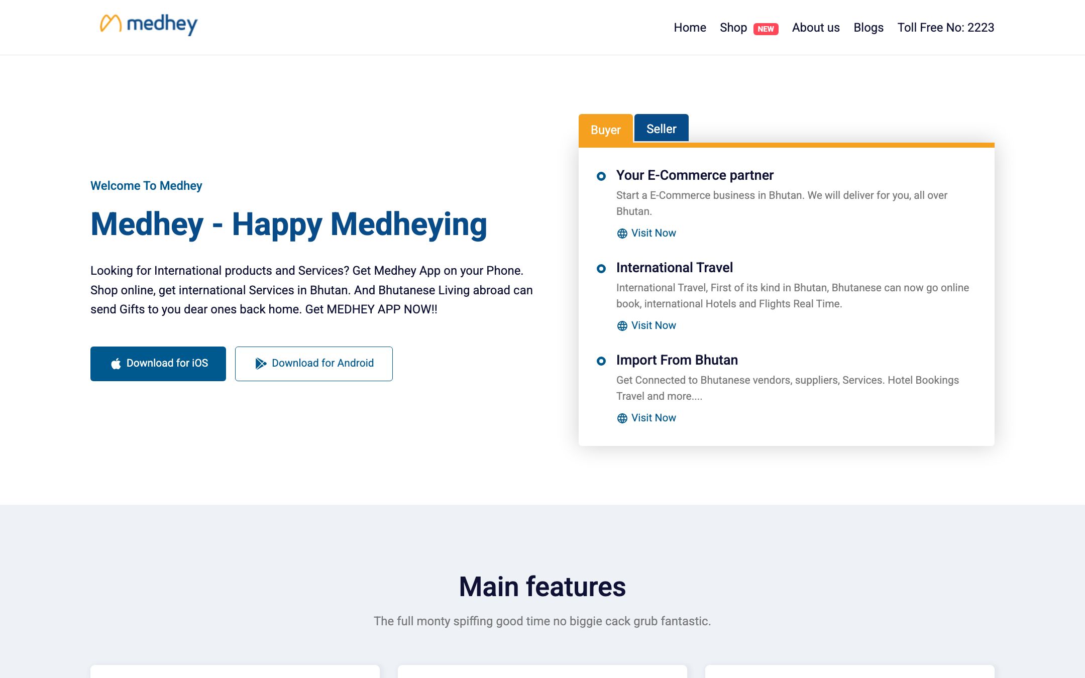 Medhey homepage with buyer and seller tabs and download links for the iOS and Android apps